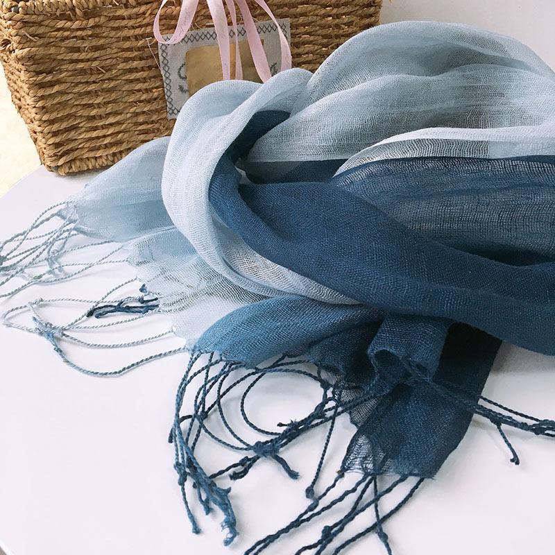 Gradual Change Color Hanging Dye Scarf Japanese Literary And Artistic Versatile Temperament Fringed Hemp Silk Scarf Women Solid Color Linen Scarf