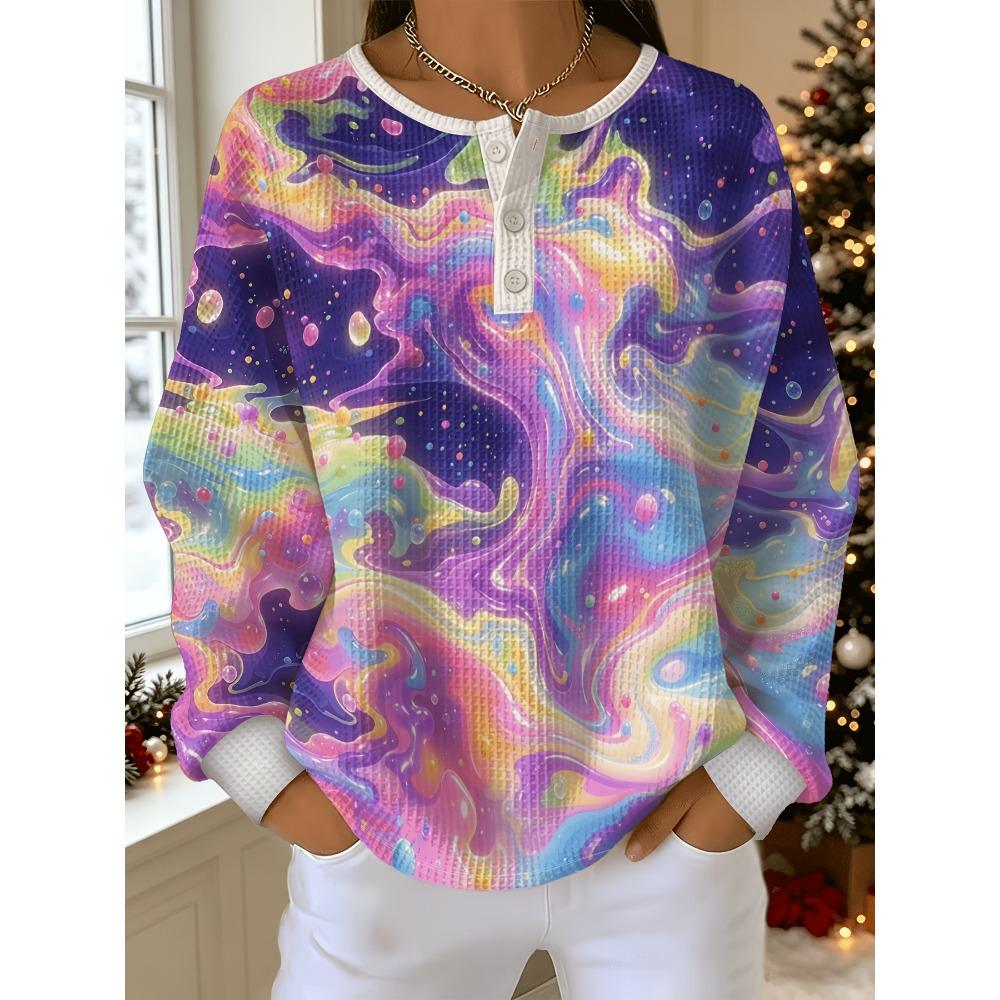 Women's Plus Size Sweatshirt with Colorful Starry Sky Fluid Print