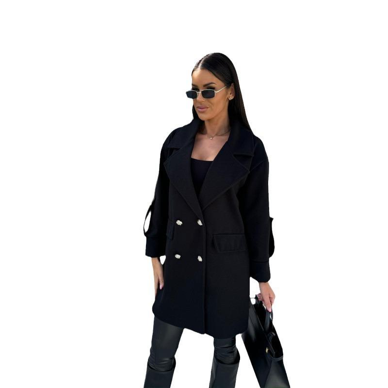 Women's European and American Solid Color Woolen Overcoat with Suit Collar