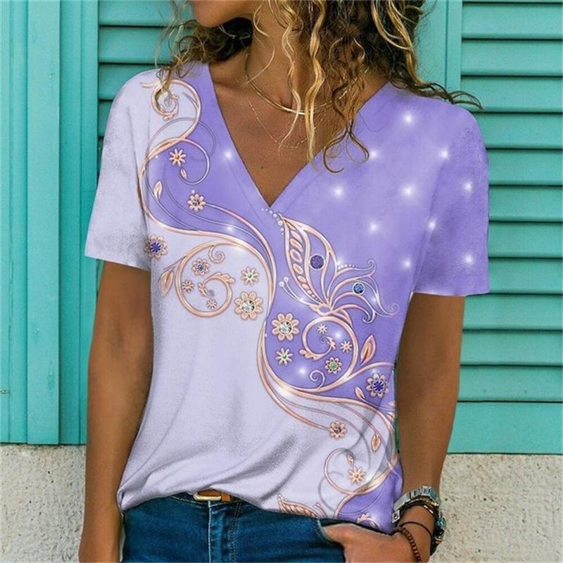 Léto Ženy Krátký rukáv Tričko s výstřihem do V pro ženy Bílá Móda Dámské Tričko 3d Potisk vážky Top Neformální oblečení