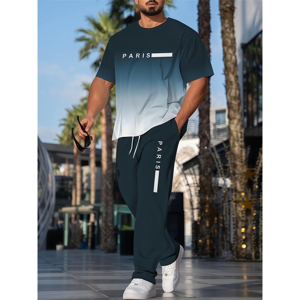 Simple Striped Printed Men's Casual Long Pants Set, Outdoor Street Fashion Trendy Men's Top And Casual Long Pants