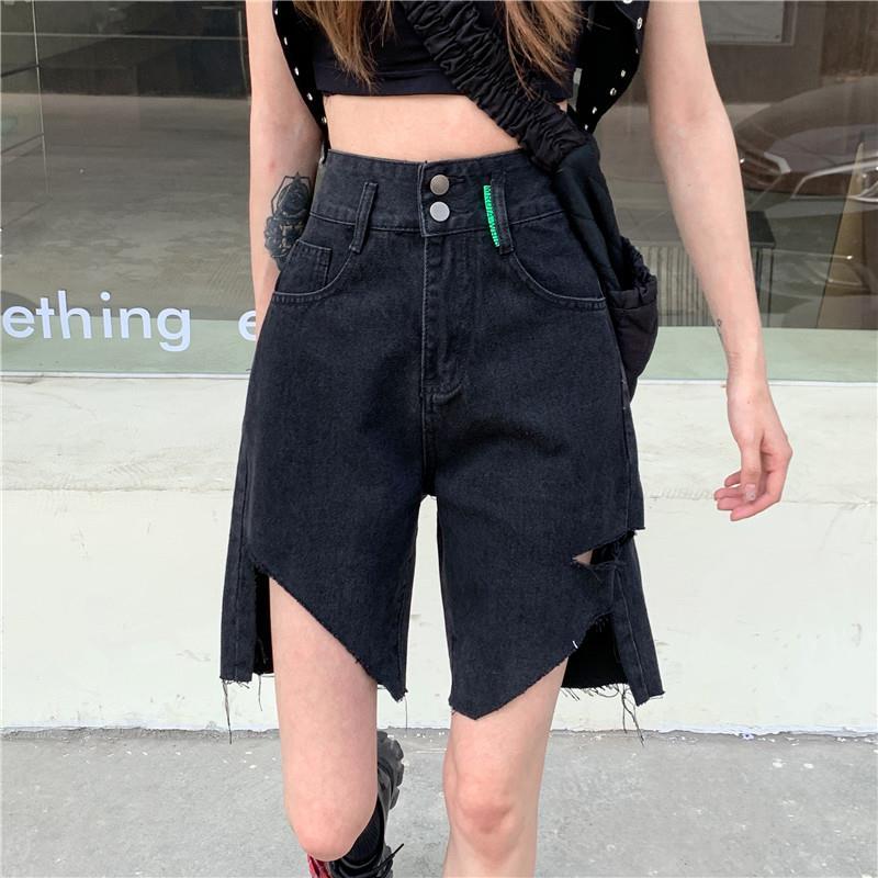 Fashionable Black Cropped Jeans Women's Summer Pants High Waisted Straight Leg Loose Wide Leg Shorts