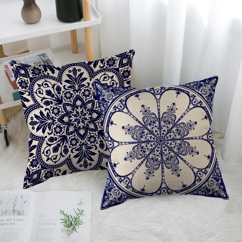 Rich Floral Pillow Covers Navy Blue White Chinoiserie Durable Bohemian Decor For Living Room, Bedroom Cushion Cases