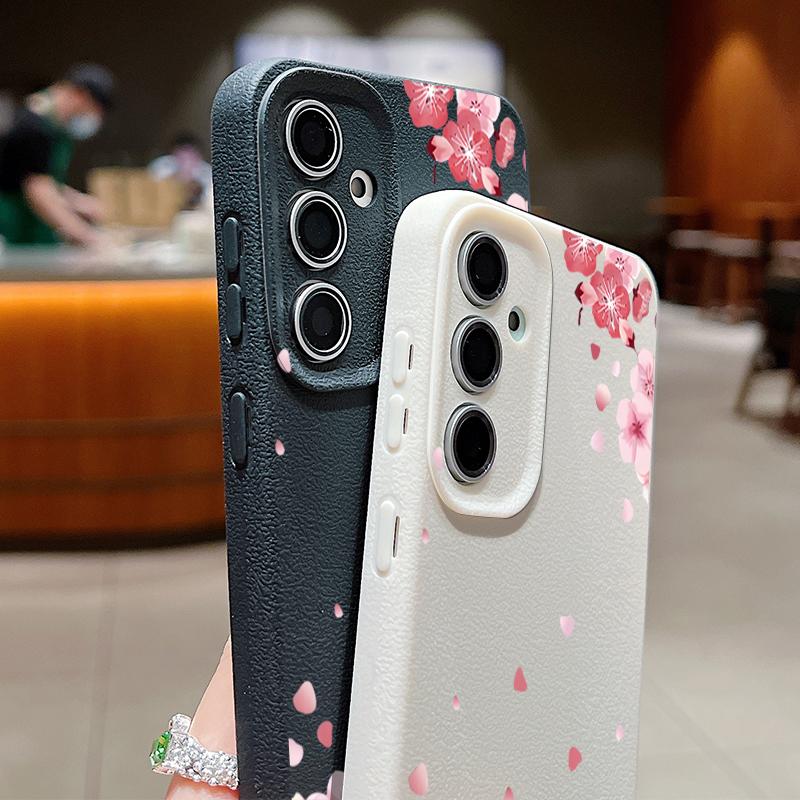 For Samsung S25 Ultra S24 FE S23 S22 A56 A36 A16 A15 A55 Cover Shell Sakura Flower Pattern Slim Soft TPU Leather Texture Shockproof Matte Phone Case