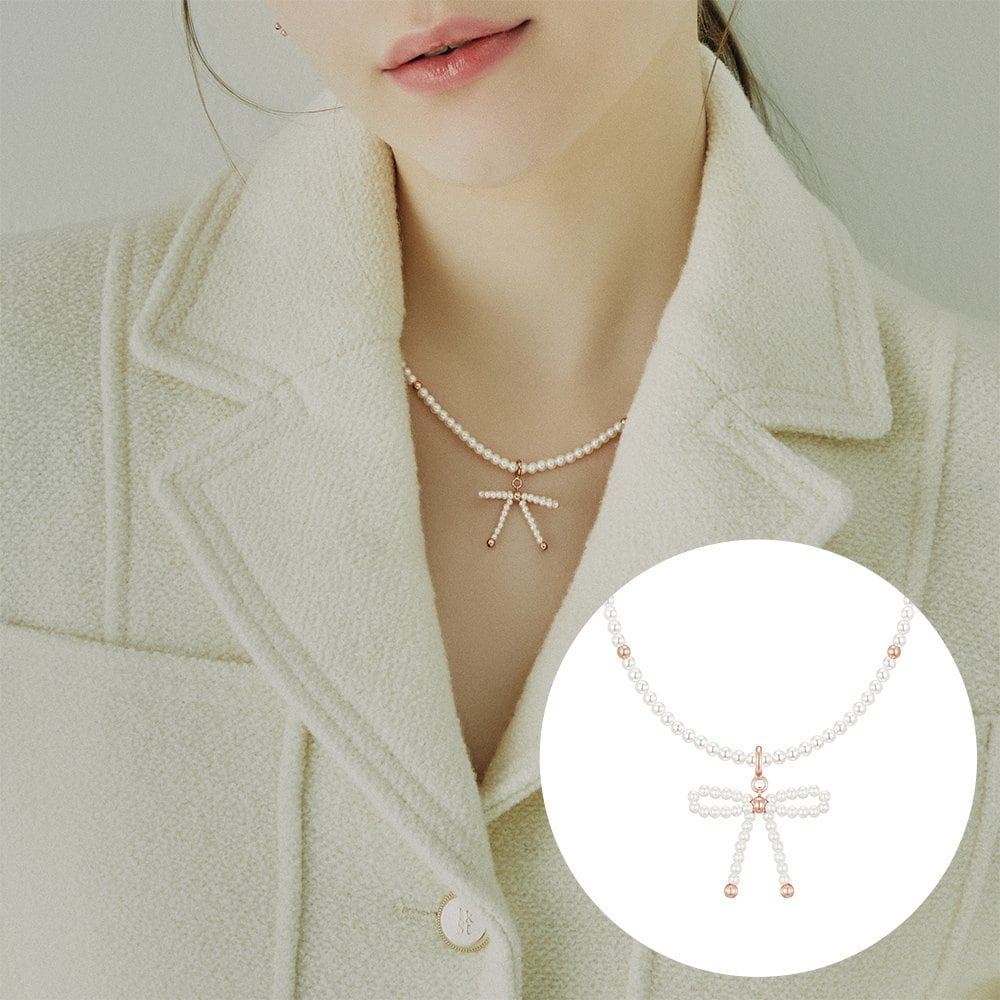 Mariel Ribbon Pearl Bead Necklace + Pendant Set (Set-J0-0908)