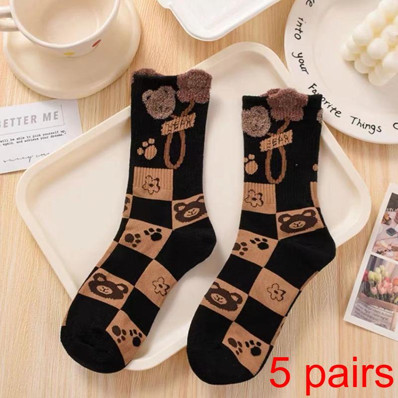 1/5 Paires Chaussettes Mi-Mollet Femme Automne Hiver Article Tendance Célèbre sur Internet Instagram Tendance Nouveau Petit Ours Mignon Tridimensionnel