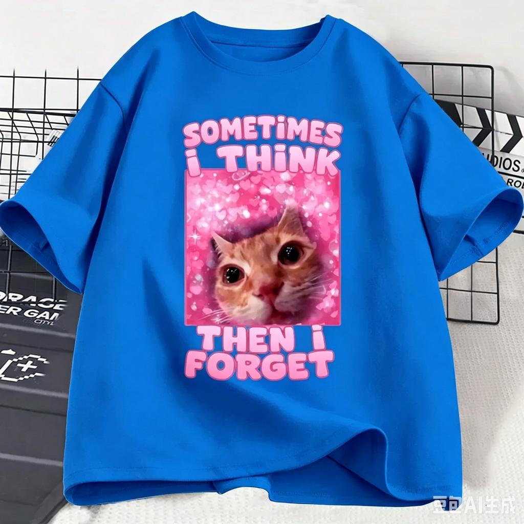 New Sometimes I Think Then I Forget Funny Cat Meme Shirt Adult and Kids Stupid Humor Cats T-shirt Fashion Short Sleeve Tops