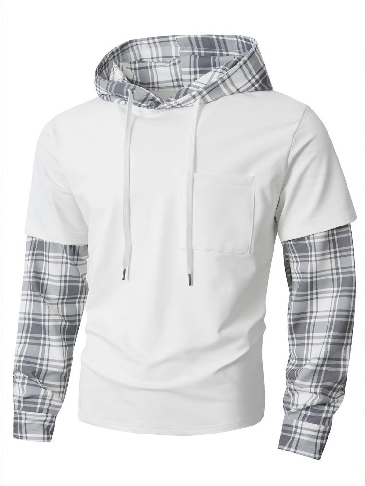 Spring Autumn Men's Colour Blocking Plaid Casual Long-sleeved Fake Two-piece Sweater Moisture Wicking Comfortable Fit Skin-friendly Breathable Tops