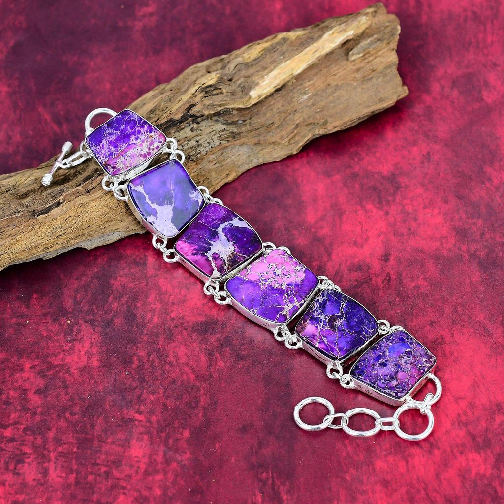 Purple Sea Sediment 925 Solid Sterling Silver Bracelet with Adjustable Chain, Handmade Gemstone Designer Jewelry Bracelet