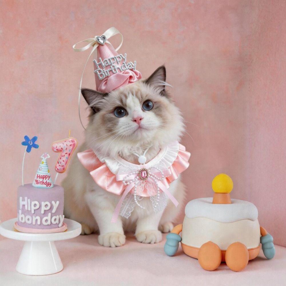 Rhinestone Pet Birthday Hat Scarf Set Cute Cat Princess Hat Pet Birthday Party