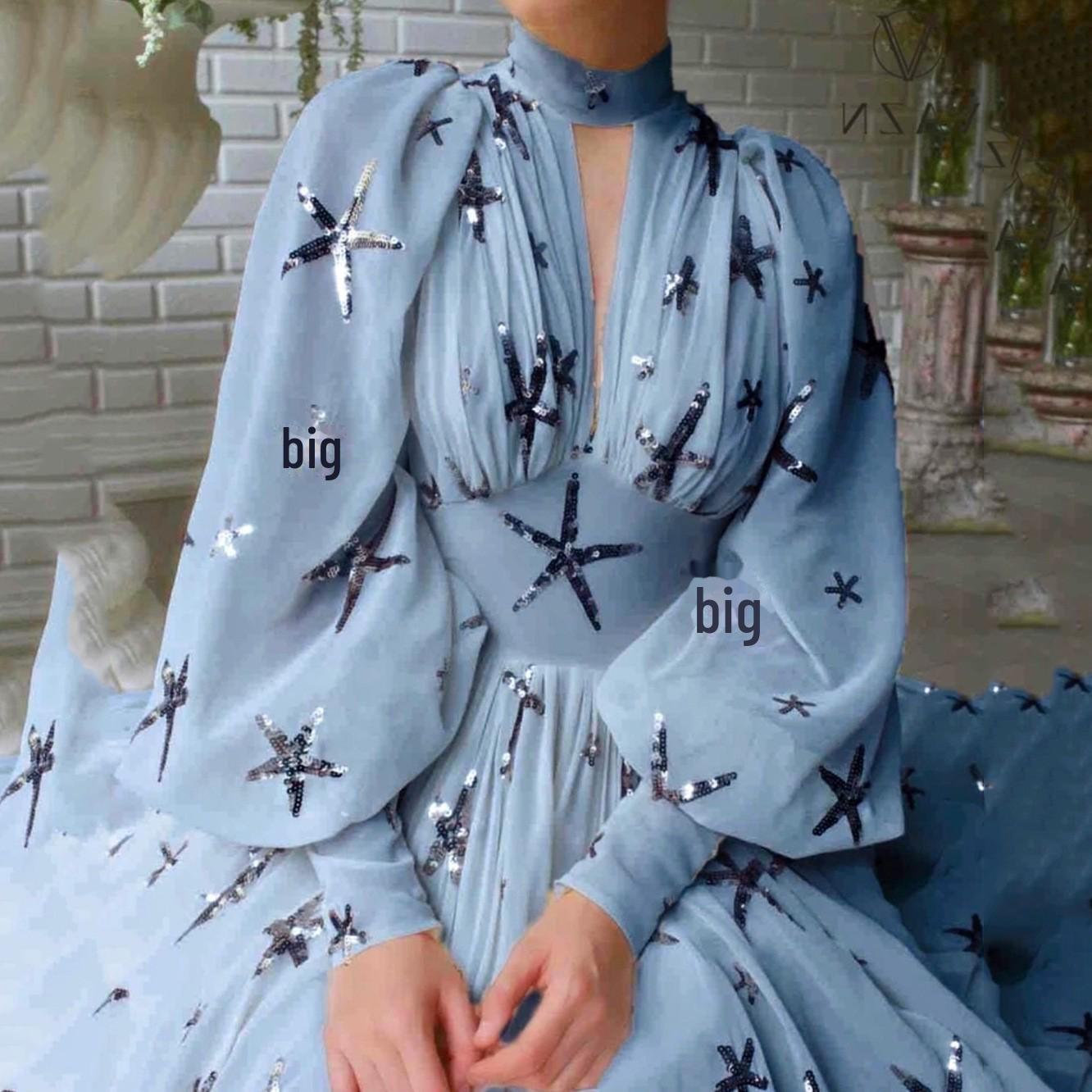 

YX2025 Платье-халат из шифона с разрезом и разноцветными пайетками, рукавами-фонариками