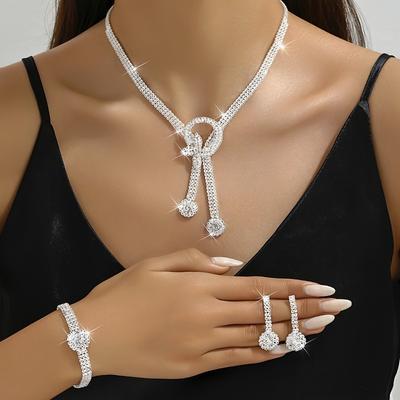 1 Paar Hängeohrringe Halskette Armband Schmuckset Für Damen Glänzende Strasssteine Eingelegt Weibliche Hochzeitsaccessoires