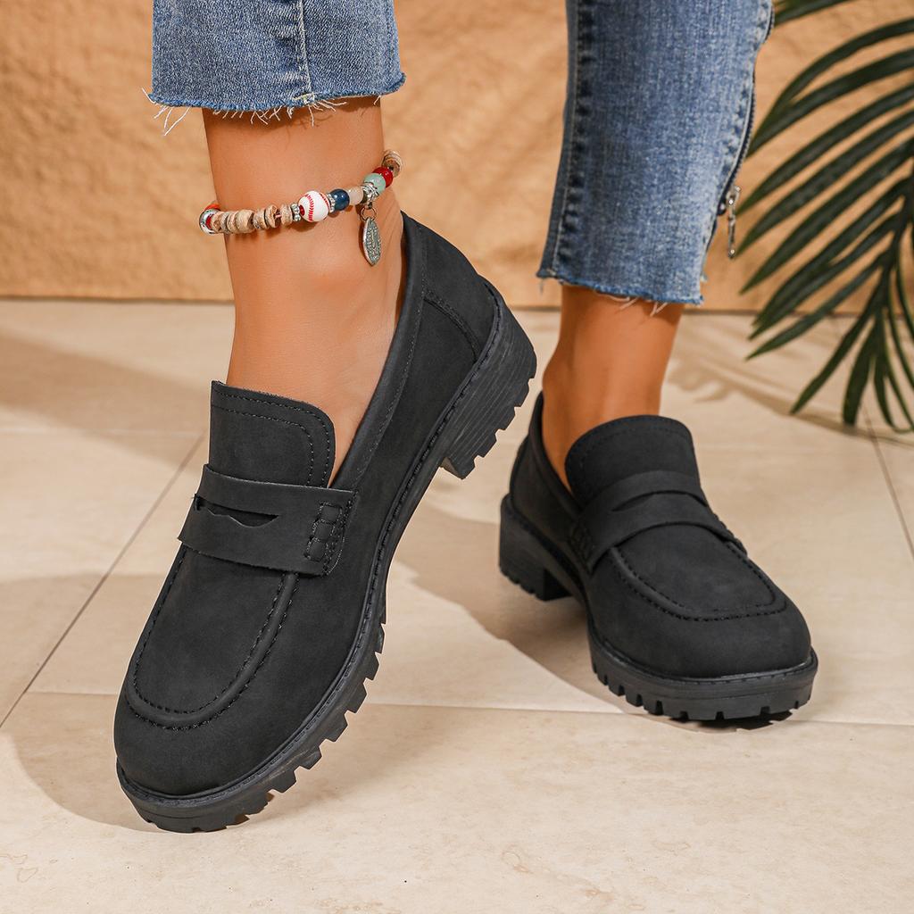 Damen Loafer mit breiter Weite und Plateau, Flats mit Blockabsatz im britischen Stil, Vintage Freizeitschuhe für Damen
