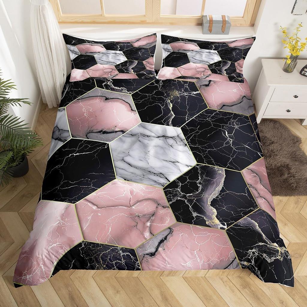 Geometric Duvet Cover Set Twin Queen Luxury Marble Comforter Cover Abstract Honeycomb Hexagon Bedding Set 2/3pcs for Boys Girls