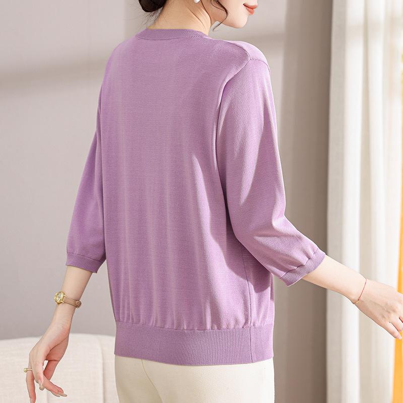 Chic Spring Gauze Sleeve Top for Middle-Aged Women - Stylish 7-Sleeve T-Shirt