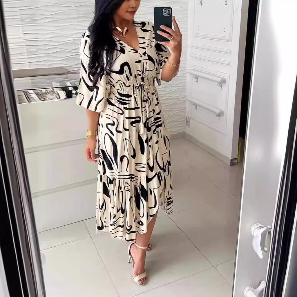 Böhmisches Damen Print Midi Kleid V-Ausschnitt Halber Ärmel Hohe Elastische Taille A-Linien Kleid Damenmode Lässiges Robe Vestido