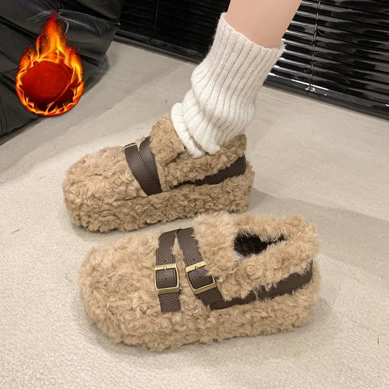 

Плюшевые женские повседневные туфли на платформе Зимняя мода Ремешок с пряжкой Комфорт Хлопковая обувь Уличная Нескользящая Увеличение роста Теплые туфли 35 абрикосовый