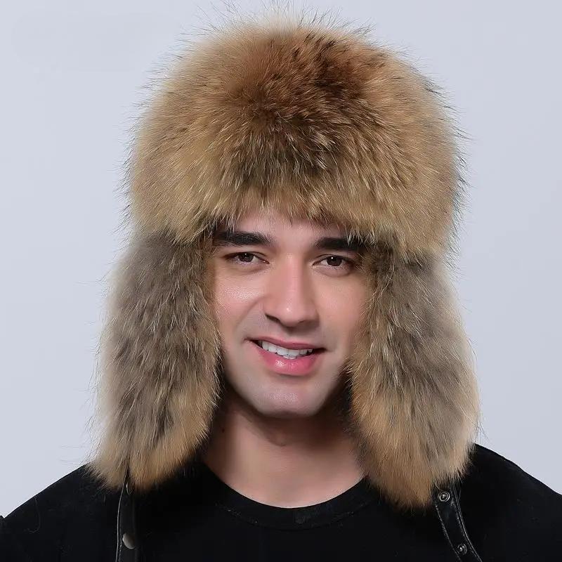 Luxury Men Bomber Hat Winter Warm Thick Fluffy Natural Fox Fur Trapper Ear Hats