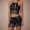 2 Deler, BH med paljettdusker, Topp med frynser, Magedansskjørt, Karneval, Klubb, Kostymer