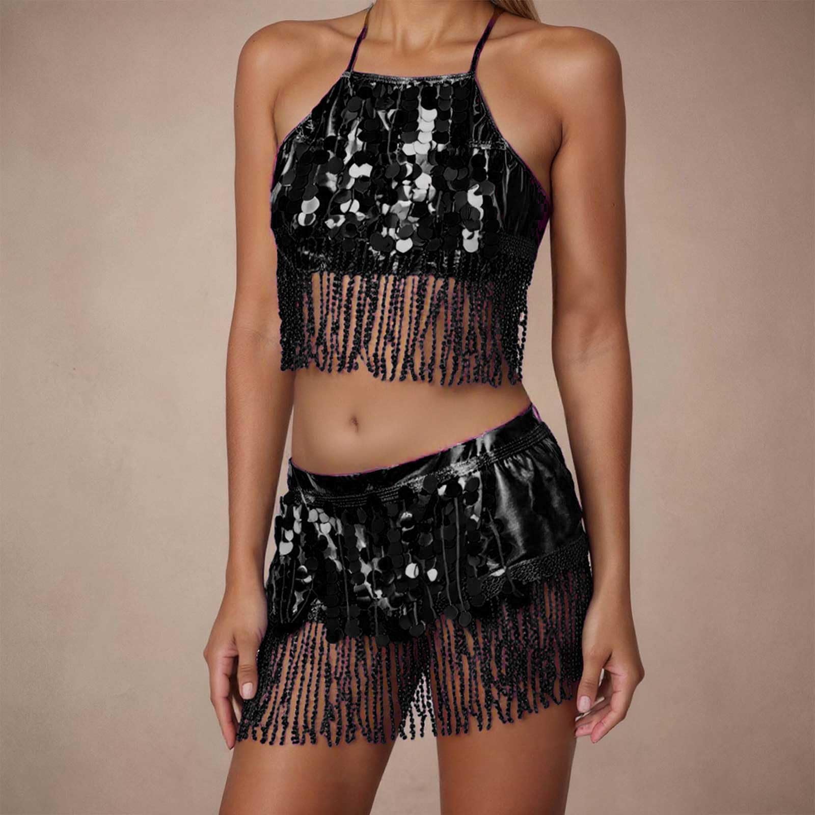 

2 штуки, Бюстгальтер с пайеточной бахромой, Топ с бахромой, Юбка для танца живота, Карнавал, Клуб, Костюмы One Size чёрный