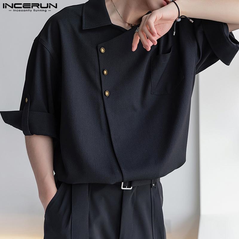 INCERUN Oversized Men Lapel Neck Half Sleeve Oblique Placket Casual Loose Shirts