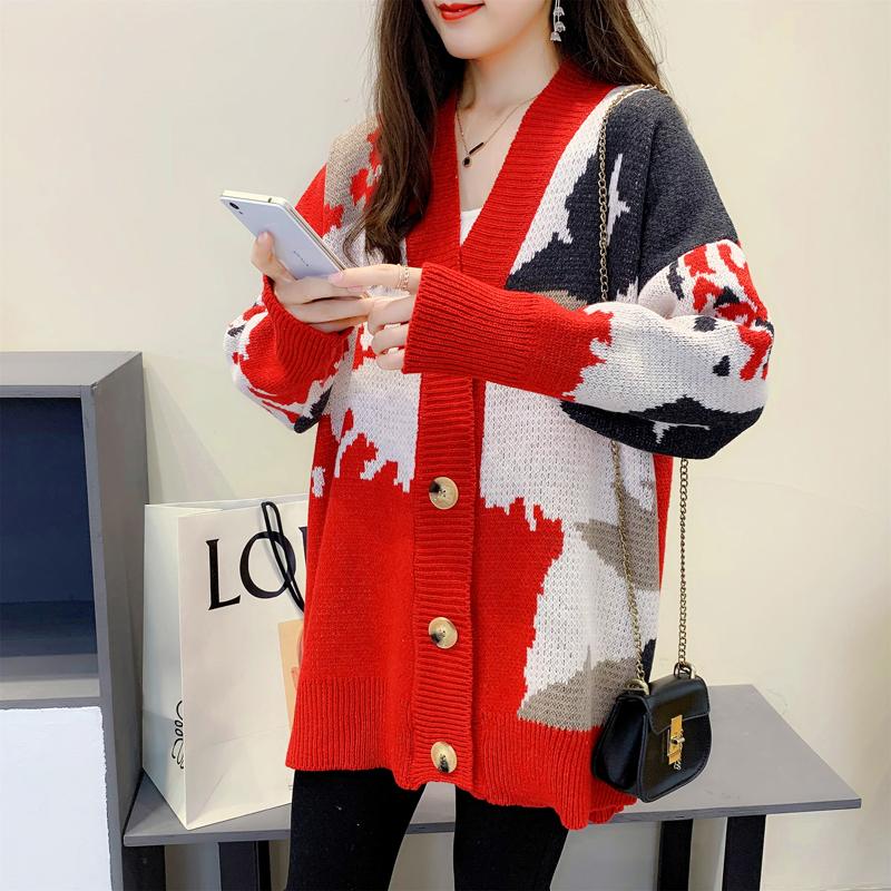 Fashion Loose Knitted Cardigan Printed Sweater Women's 2025 New V Neck Long Sleeve Casual Office Simple Spring and Autumn Coat Outside Clothing