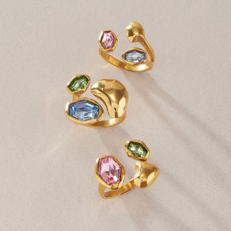 Elegant Colored Glass Open Ring for Women Stainless Steel Waterproof Non-Tarnish Jewelry for Prom Banquet Anniversary Gifts