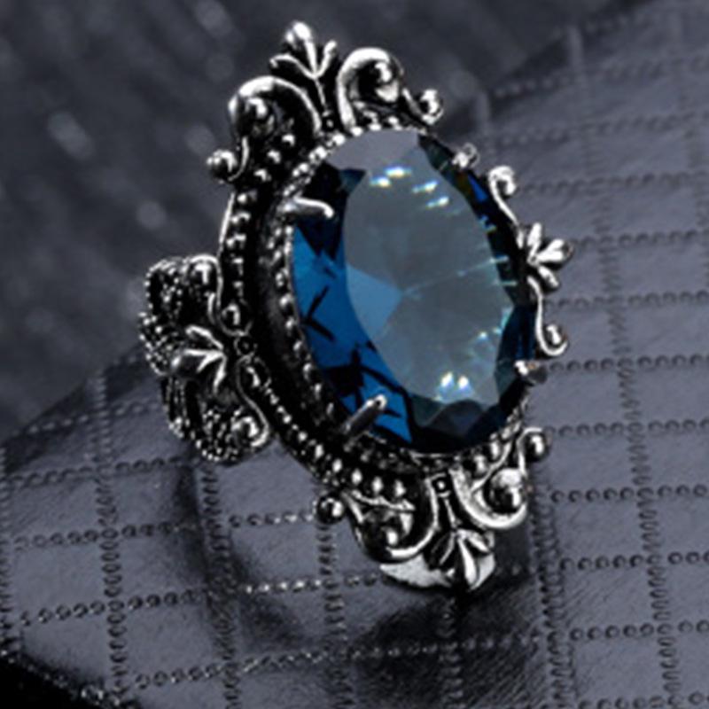 

Chenrui Sea Blue Topaz Retro Egg-Shaped Silver Ring Size 8