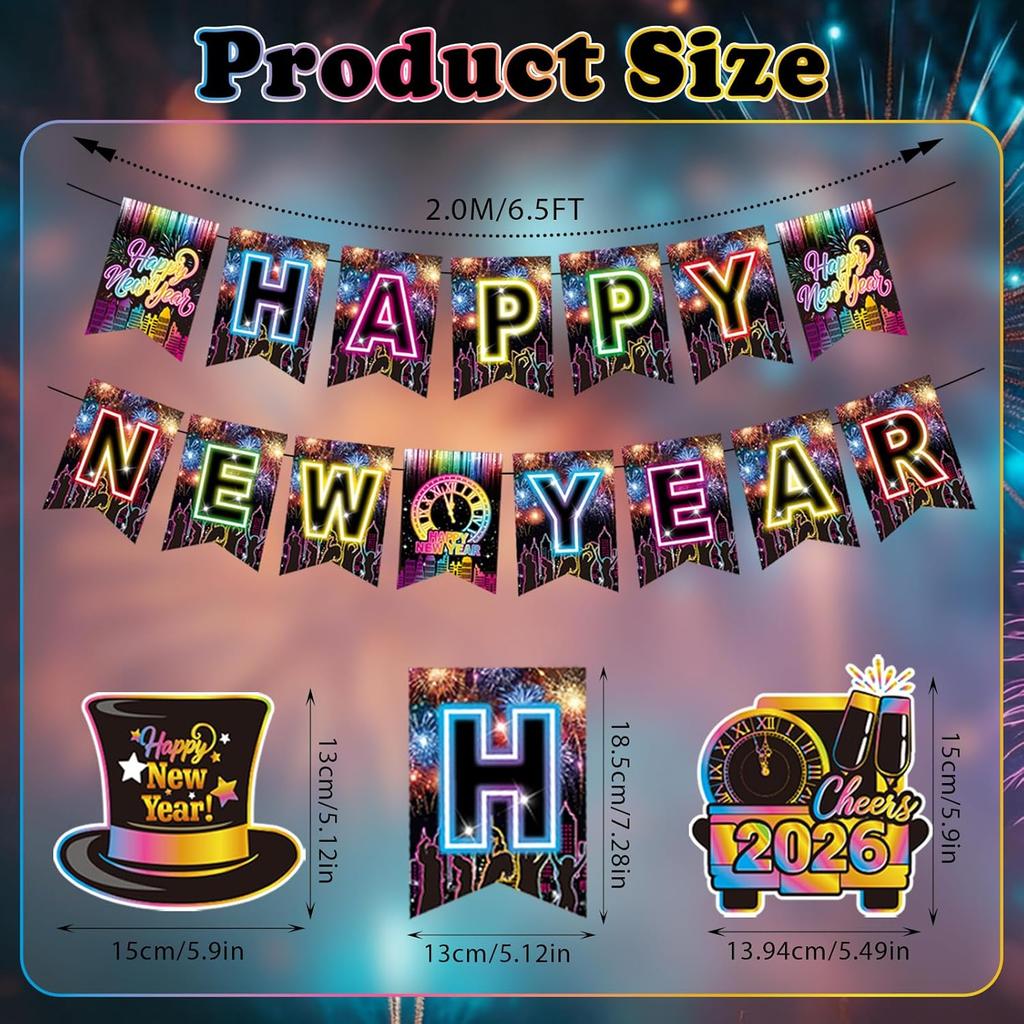 Colorful Happy New Year Banner & Hanging Swirls, Neon Themed 2026 Happy New Years Paper Banner Ceiling Swirl Streamers for New Years Eve Party