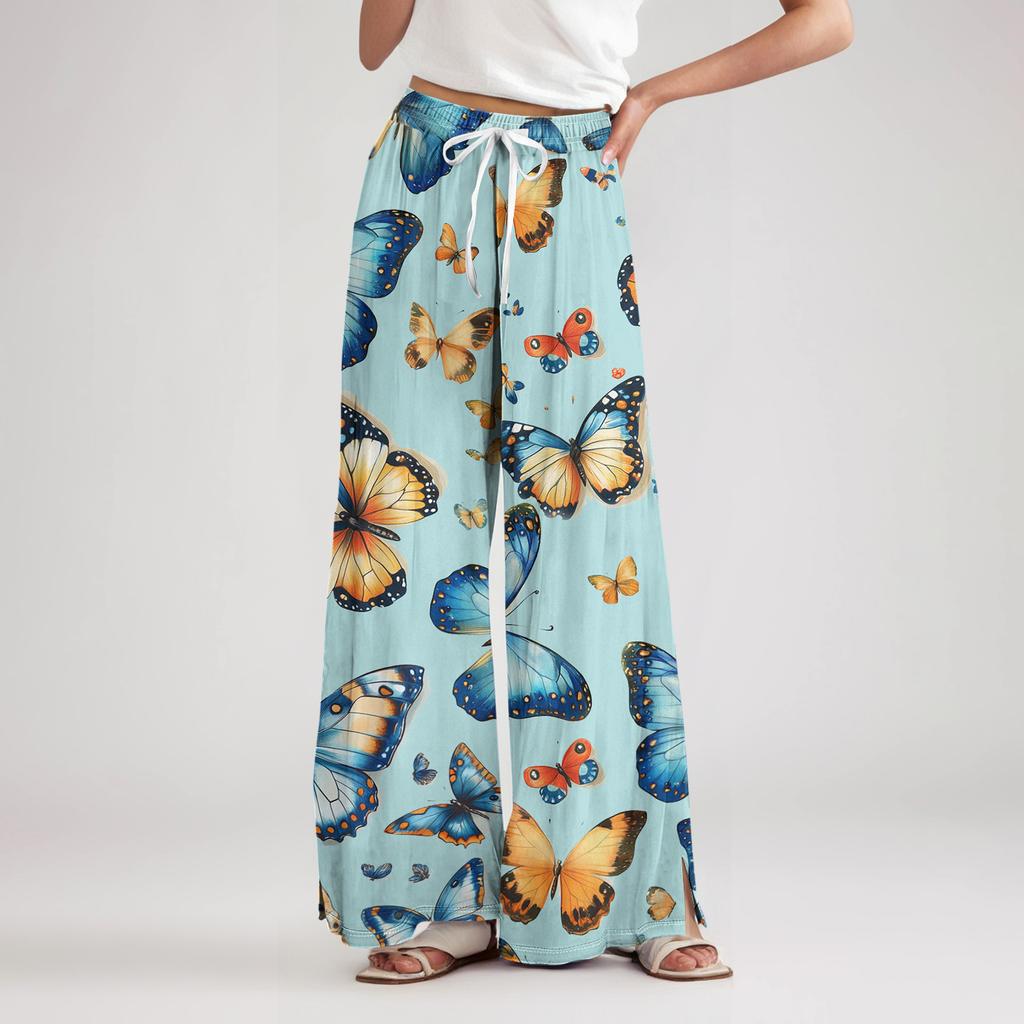 Women's Loose Casual Floral Print Wide Leg Pants With Elastic Waist Drawstring And Pocket Pants
