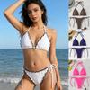 Women Nylon Split Bikini, Solid Color Lace Trim Sexy Two Piece Swimsuit Summer Beach Ladies Swimwear