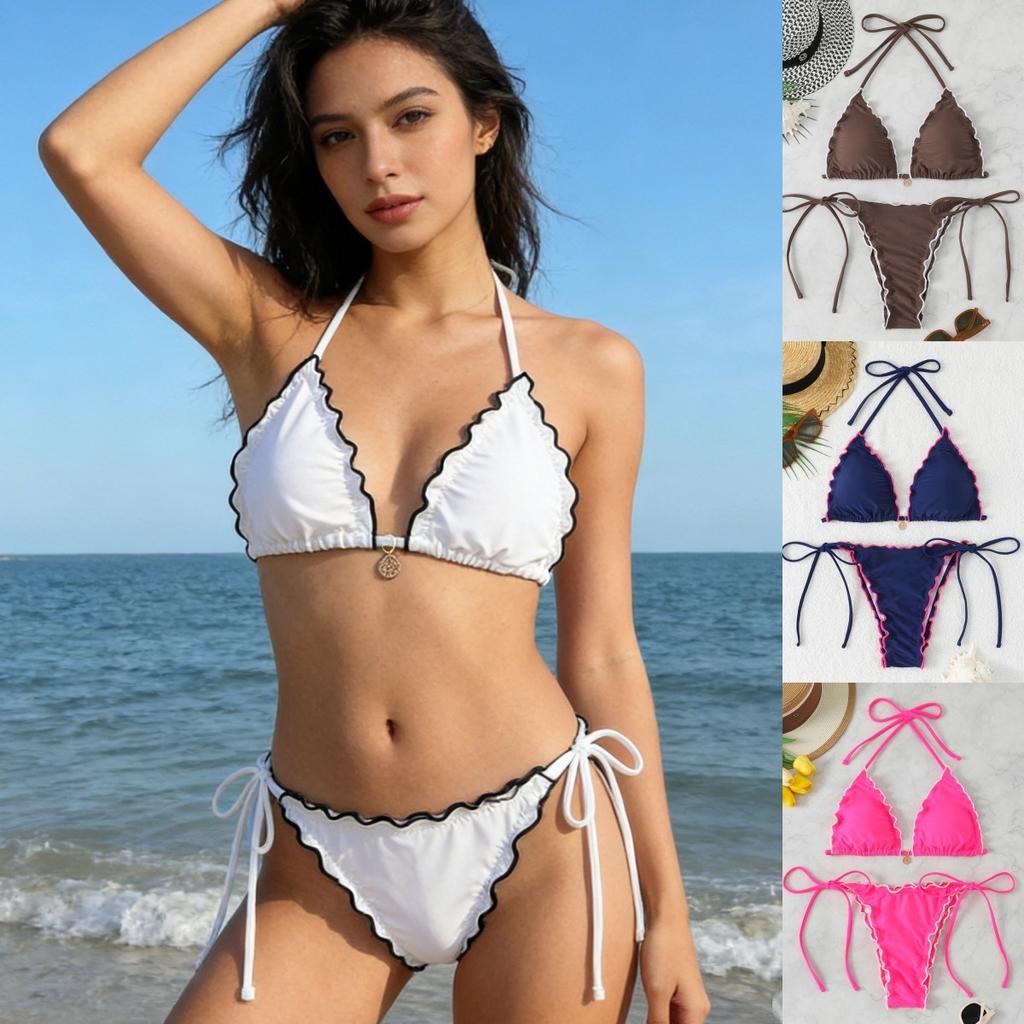Women Nylon Split Bikini, Solid Color Lace Trim Sexy Two Piece Swimsuit Summer Beach Ladies Swimwear