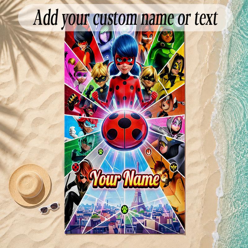 Beach TowelMiraculous Ladybug Custom Name Text Personalized Soft Towel for Beach Pool Indoor Home Decor Gift