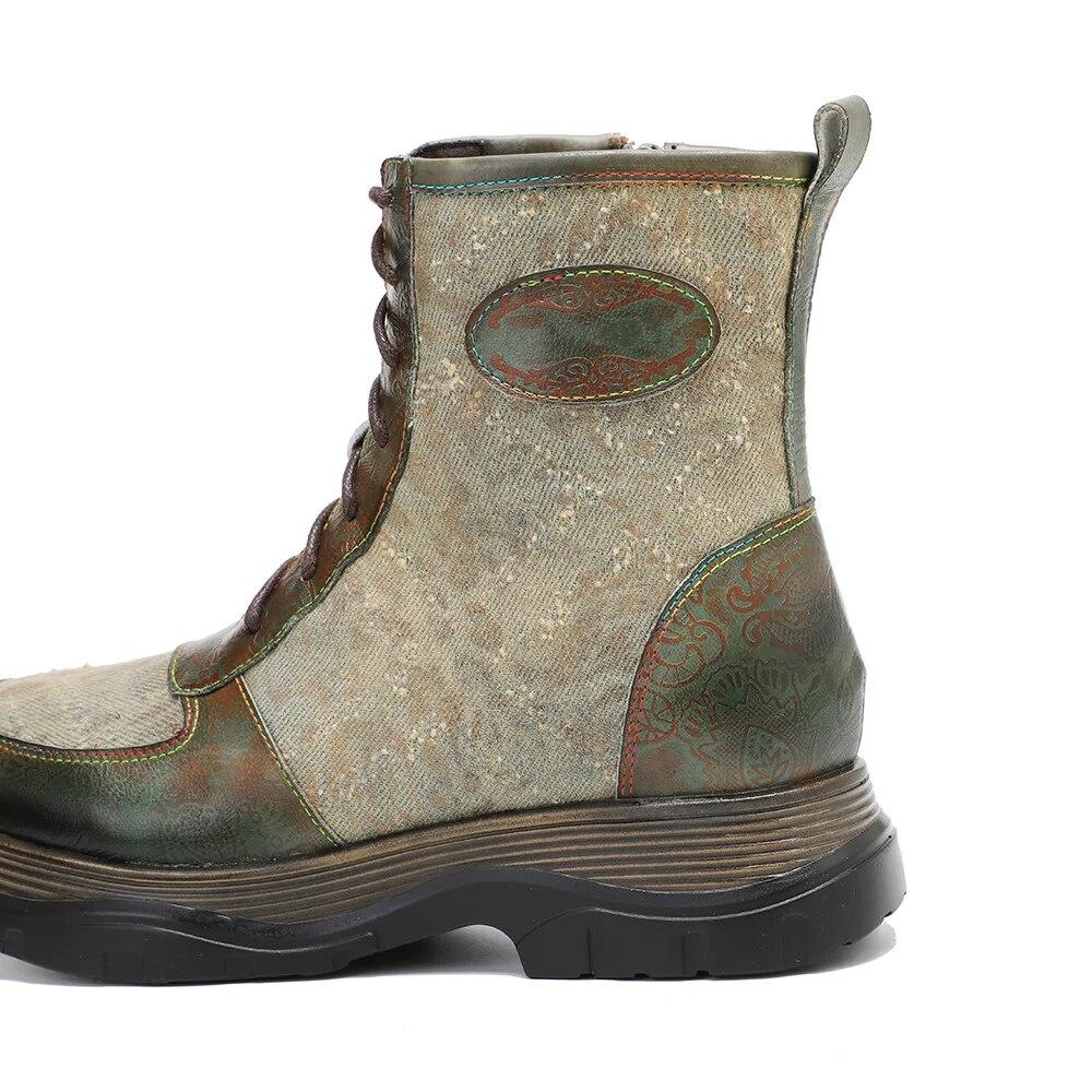 Johnature Genuine Leather Spliced Printed Fabric Women's Boots Vintage Lacing Comfortable Versatile Short Boots