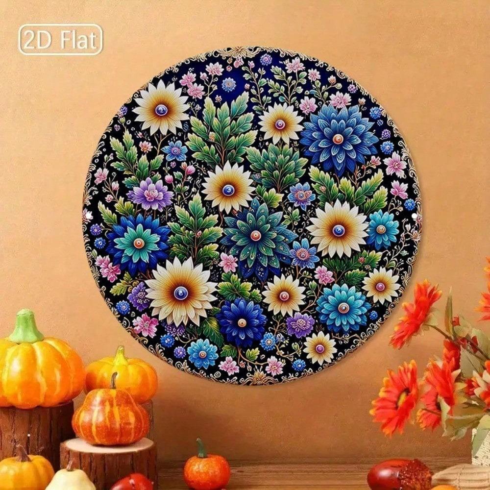 Vintage Round Mandala Metal Wall Art 8 Inch Turquoise Blue Golden Boho Decor Aluminum Sign Home Bar
