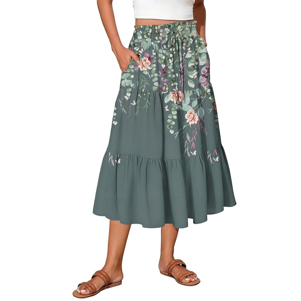 Maxirock für Damen mit Kordelzug, hohe Taille, lange Sommerröcke, leicht, gestuft, fließend, geblümt, Faltenröcke