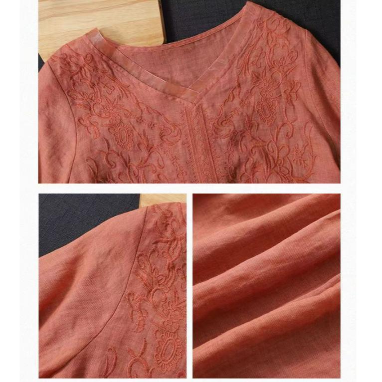 Retro Thin Blouse Women's Short-sleeved Shirt Summer Loose V-neck Temperament Cotton and Linen Shirt Apricot