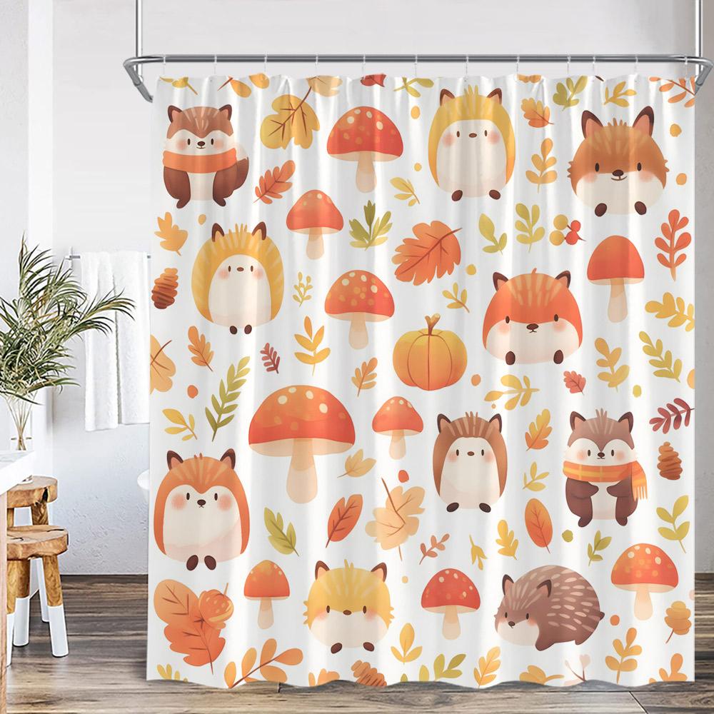 Autumn Harvest Season Shower Curtain Pumpkin Sunflower Corn Squirrel Fall Country Bathroom Decor Orange Polyester Bath Curtain
