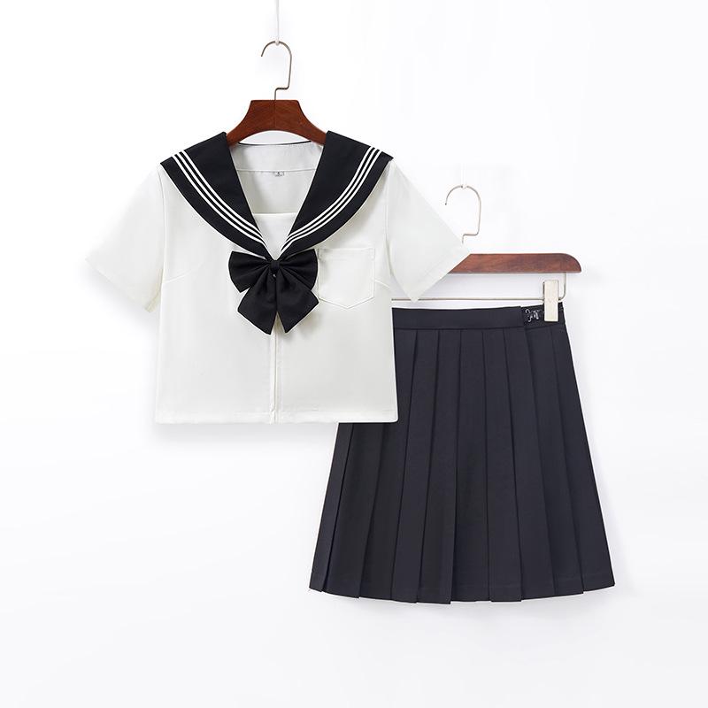 After-Sales Black Collar White JK Sailor Suit Set with Pleated Skirt