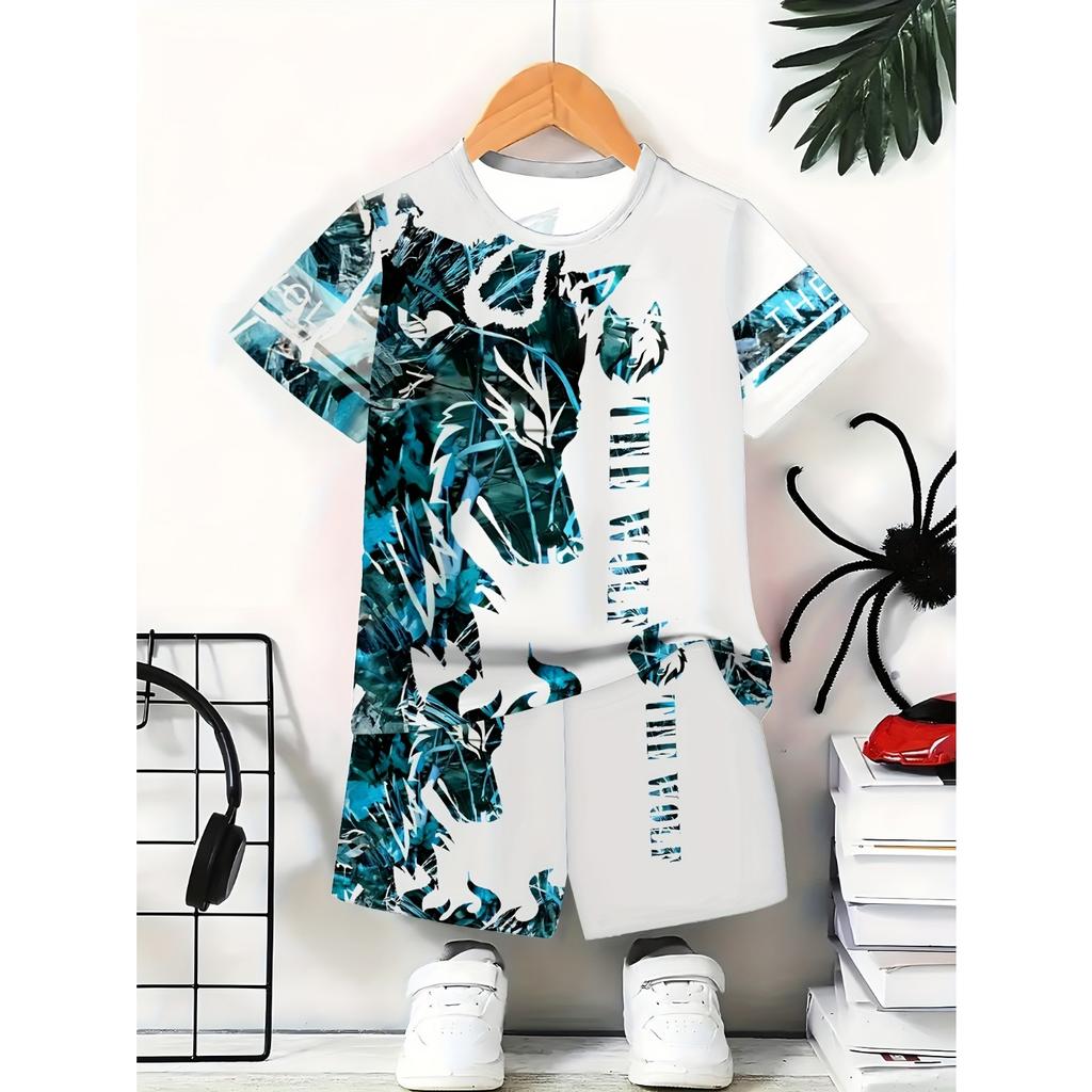 Teen Boys' Fashion 3D Printed Casual Pullover Short Sleeve Shorts T-Shirt, Stylish Wolf Animal Pattern, Outdoor