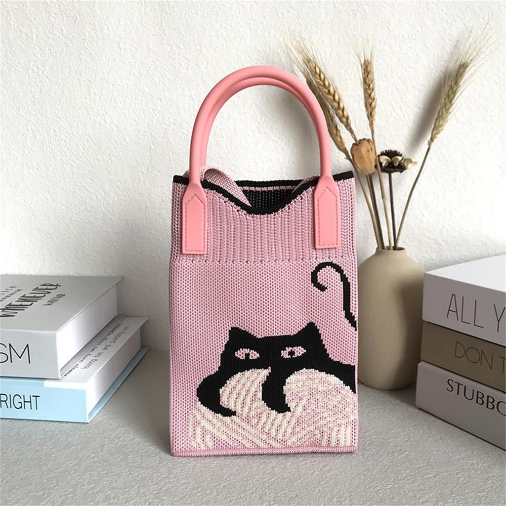 Huimei Women's Knit Smartphone Pouch, Shoulder Bag, Crossbody Phone Pouch, Vertical Knit Wallet Pochette, Cat Print Mini Bag, Cute, Lightweight