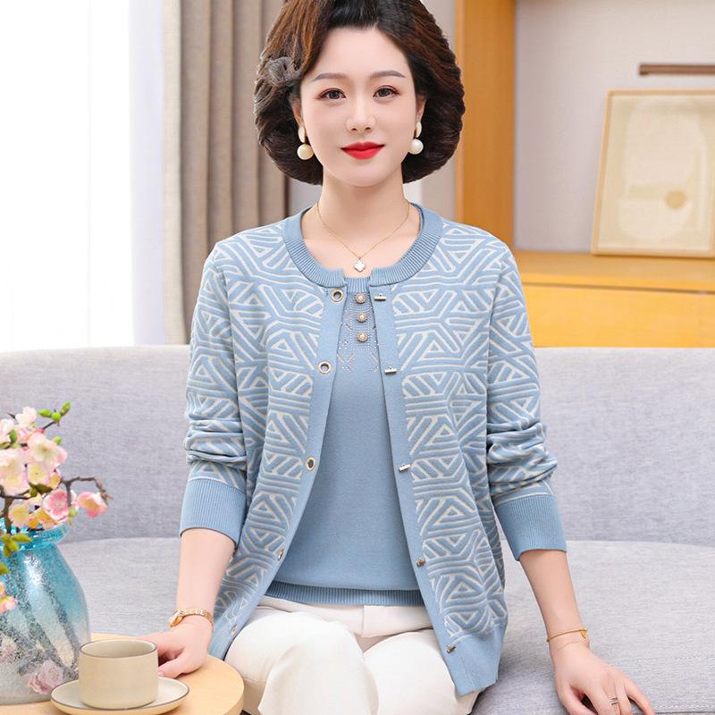 

Mom s Spring Knit Short-Sleeve Top & Jacket Set for Middle-Aged Women 3XL (suggested 120-135 jin) синий