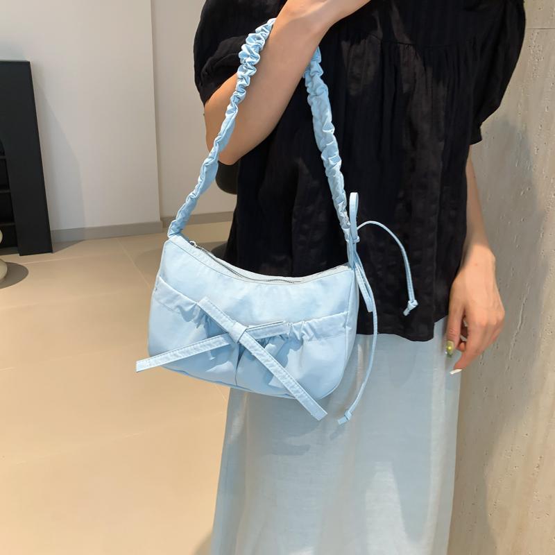 Women Fashion Shoulder Bag with Ruched Drawstring Strap Bow Leisure Satchel Bag Solid Color Cute Sling Bag Ladies Outdoor Bag