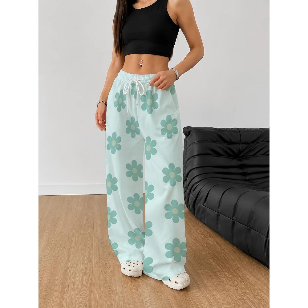 Fresh Mint Green Easy Large Floral Print Women's Casual Wide Leg Pants, Light Green Drawstring High Waist