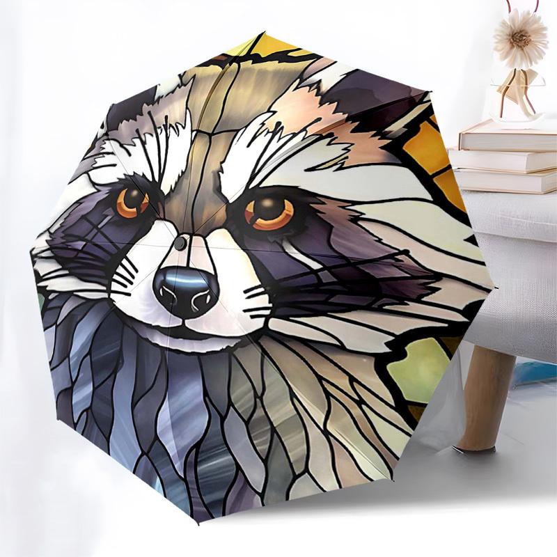 

1pc Stained Glass Raccoon Face - Auto Open Close Umbrella, Portable Tri-Fold Design, 8-Bone Iron Frame Outdoor Umbrella, Festival Gift for Fans, Trave