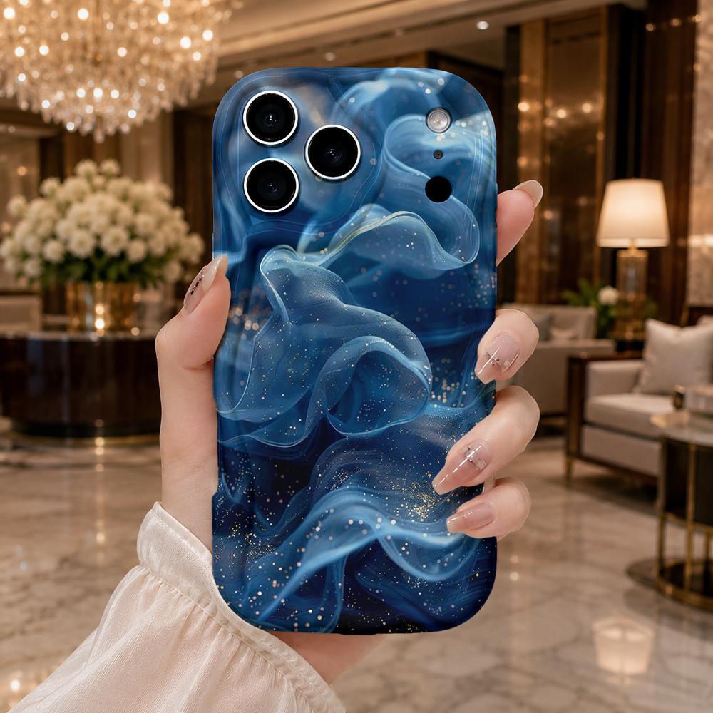 Dark Blue Gold Glitter Smoke Fluid Art Phone Case For iPhone 16 15 14 Pro Max 13 12 11 Mini Wavy Edge Frame Cover