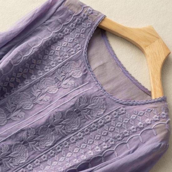 Dámská košile s kulatým výstřihem Poloviční rukáv výšivka Květinový vzor Topy Jednobarevné Tenká retro halenka Denní nošení