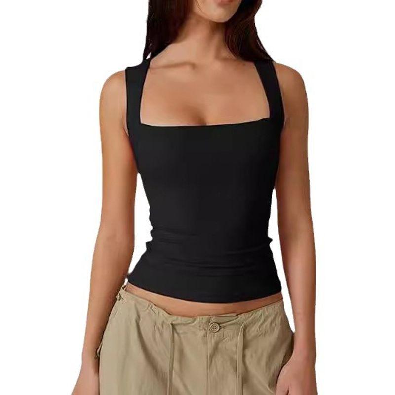 Solid Color Square Neck Sleeveless Top Solid Color Square Collar Slim Fit Sleeveless Top Female