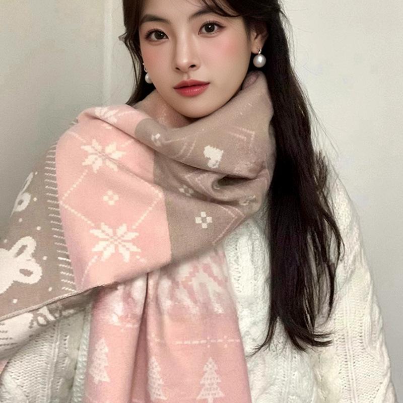 Three-color rabbit scarf, Korean retro fringed female autumn and winter student versatile warm atmosphere scarf