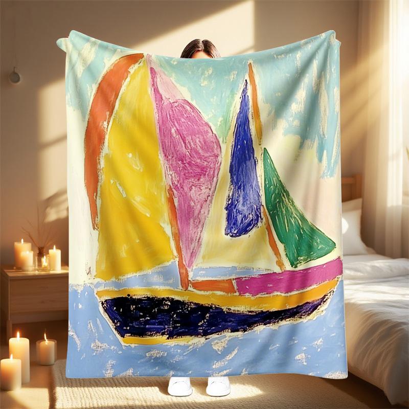 1Pc  New Picasso Colorful Sail Print Throw Blanket, Soft And Warm For Sofa, Bed, Office Home Decor & Travel - Perfect Hallow
